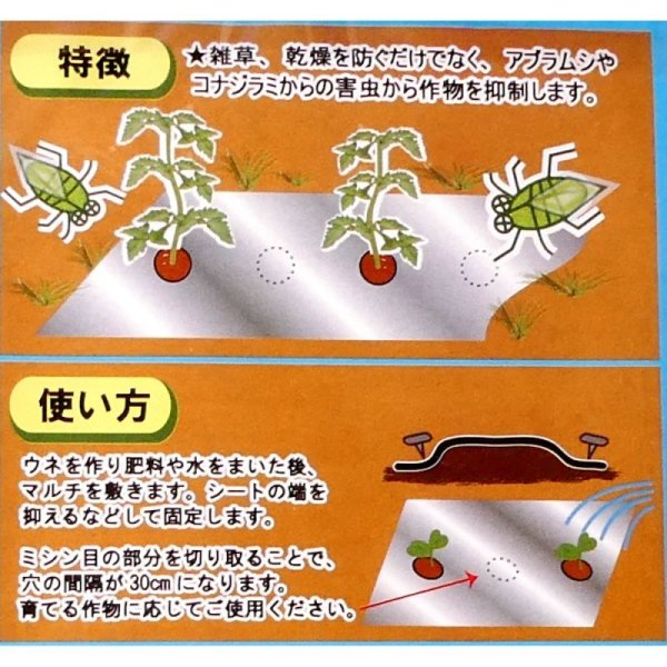 穴あき】虫よけアルミマルチ【1条用】(95cm×5m)穴の間隔60cm【9160】